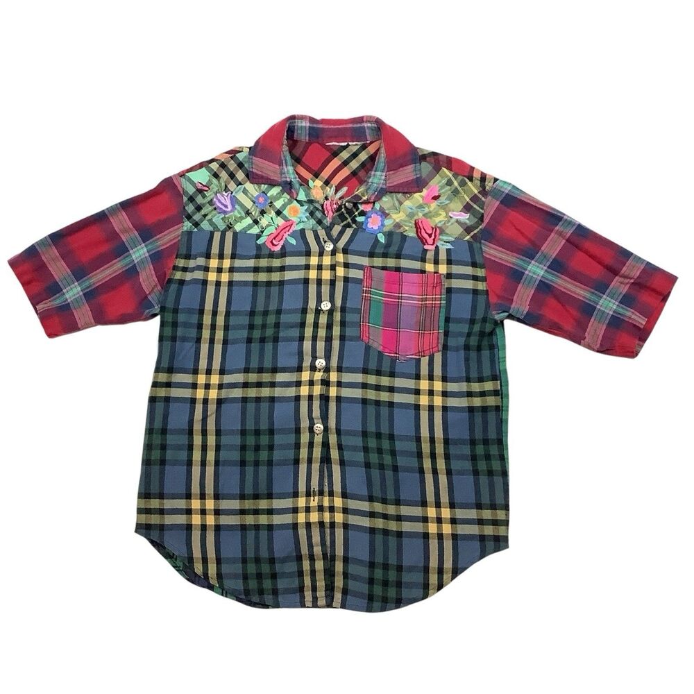 Vtg Multicolor Plaid Embroidered Floral Shirt Top Short Sleeve Boho Women S / M